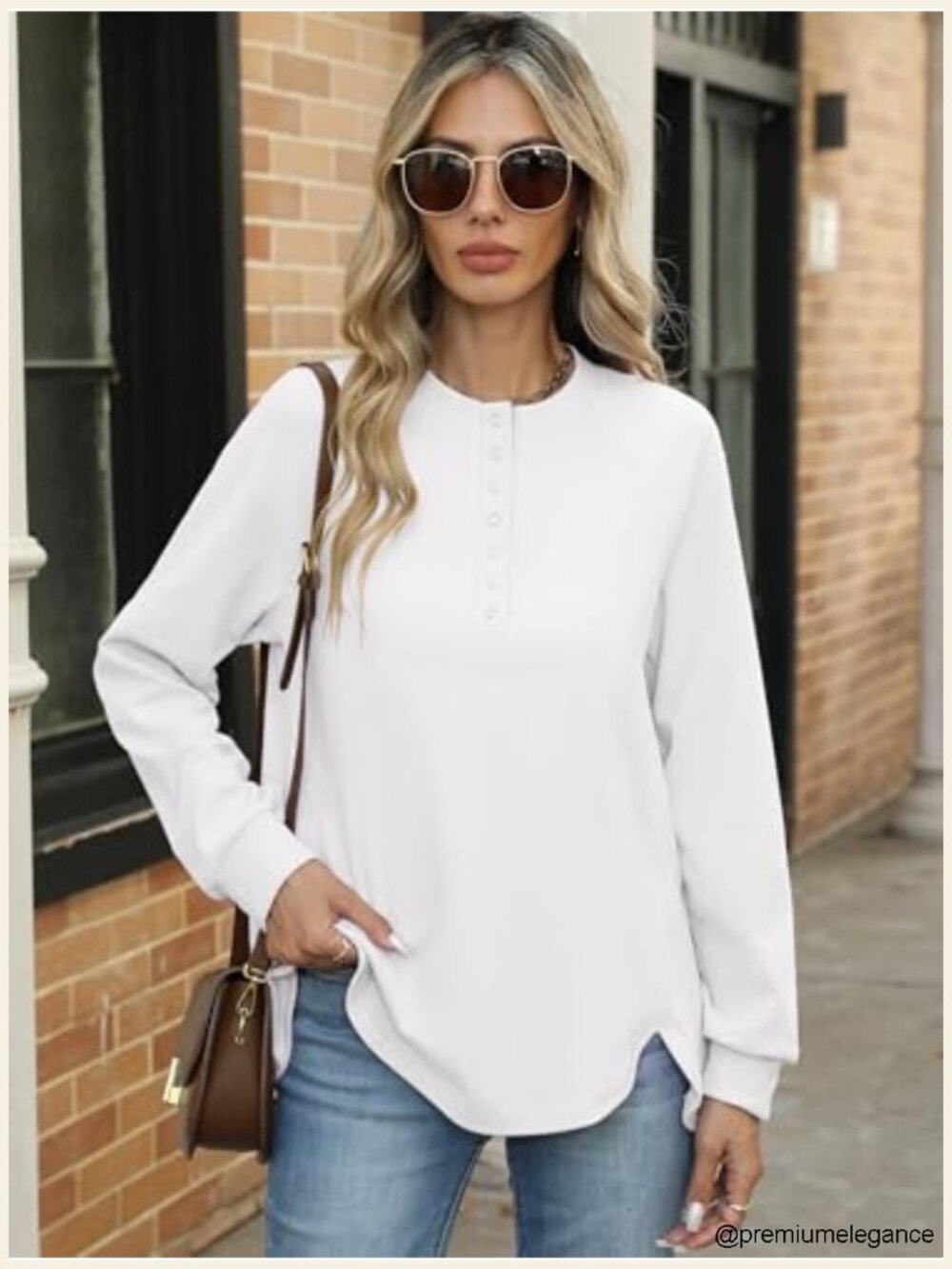 Long Sleeve Henley Oversized Sweatshirt Button Slit Hem Tunic Top Loose Fit - Picture 2 of 6